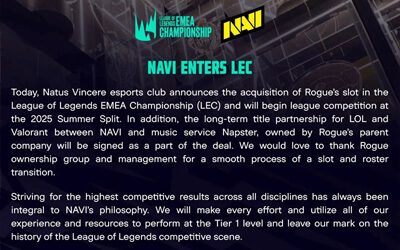 NAVI正式收購RGE進軍LEC聯(lián)賽 與Napster達成長期冠名合作